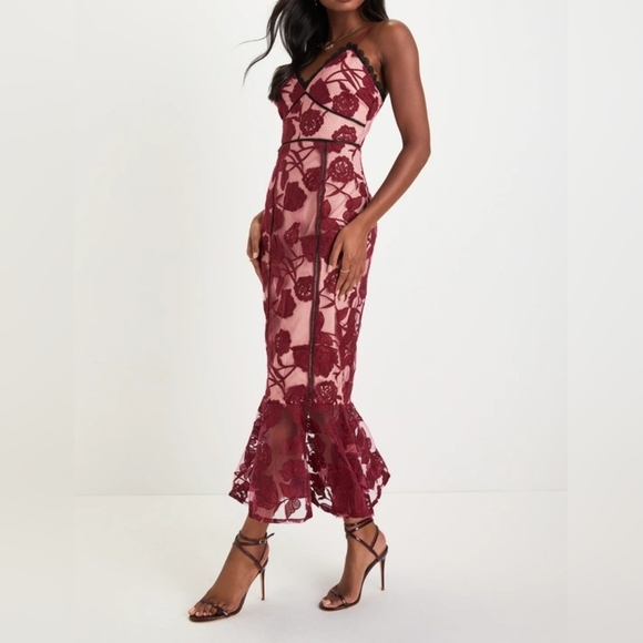 Lulus Alluring Dream Burgundy Floral Mesh Lace Trumpet Midi Dress Red - Picture 4 of 14